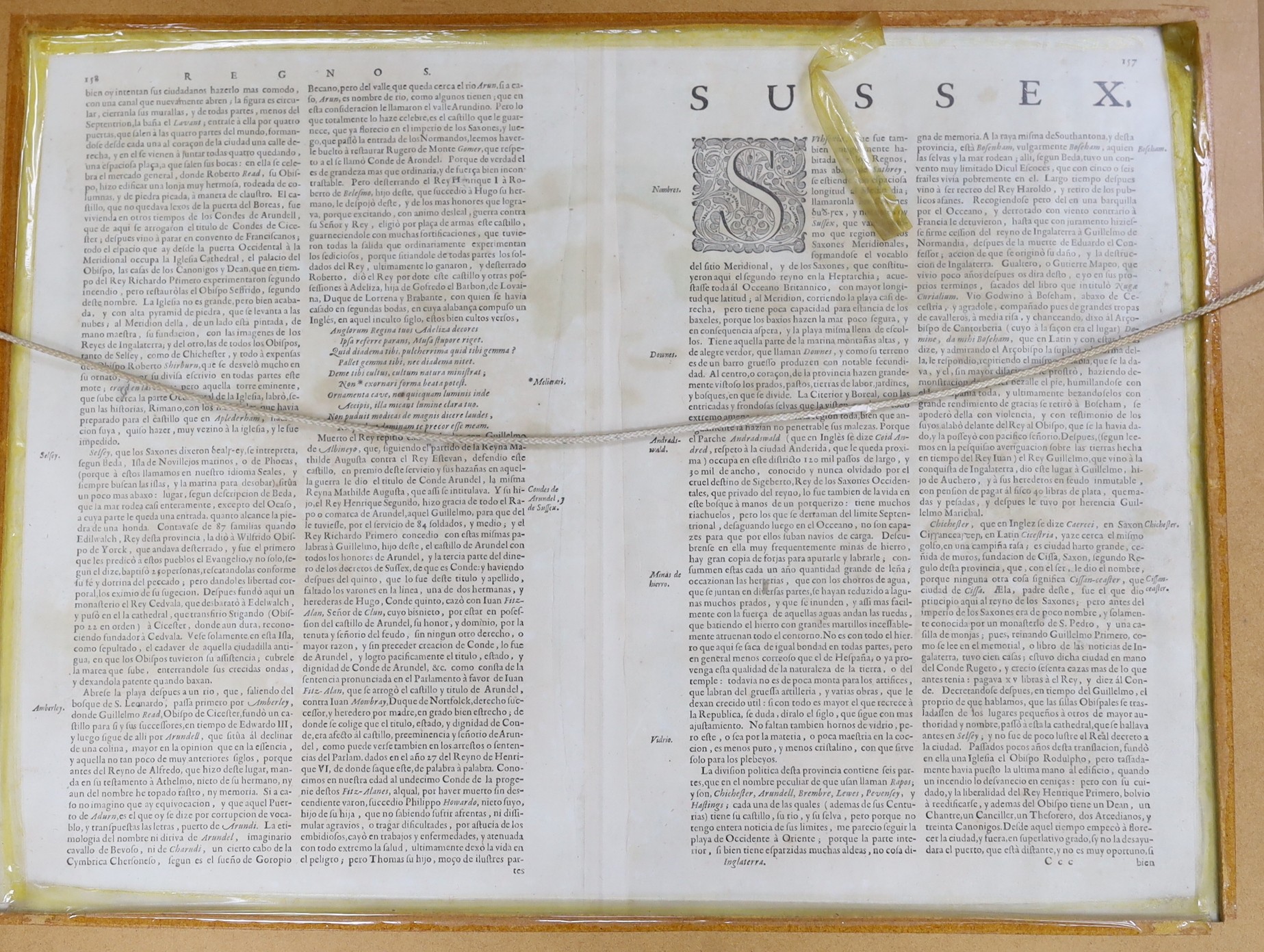 Jan Jansson, coloured engraving, Map of Suthsexia vernacule Sussex, Spanish text verso, 39 x 53cm